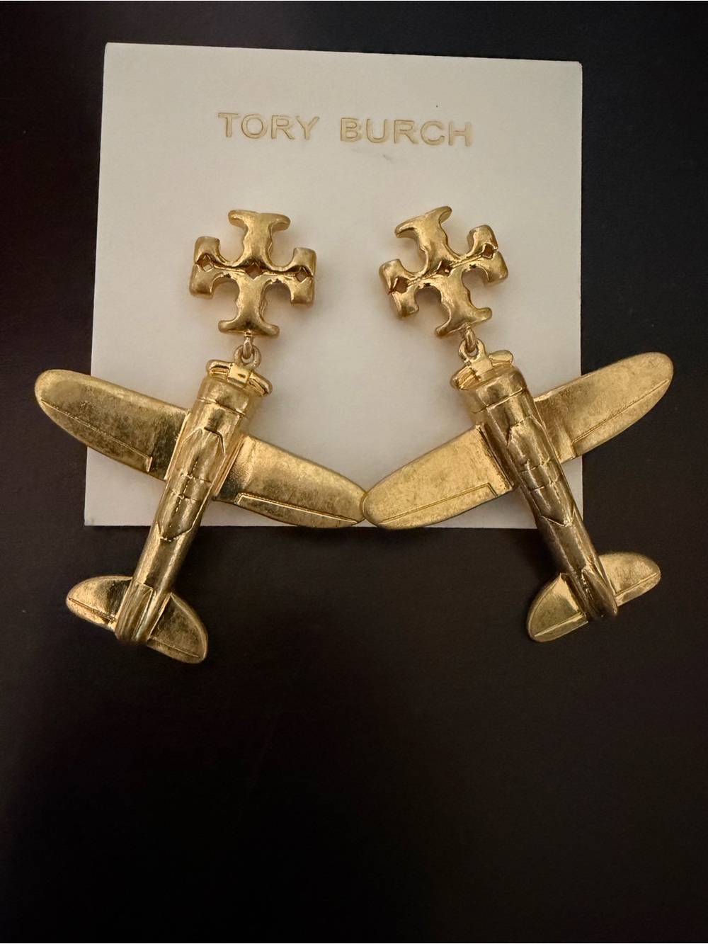 Tory Burch Gold Airplane Drop Logo Earrings - Picture 2 of 4